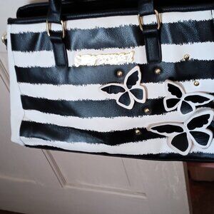 Betsey Johnson Black and white striped butterfly tote bag